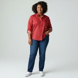 Jones New York Orange/Tan Geometric Print Button-Down Shirt